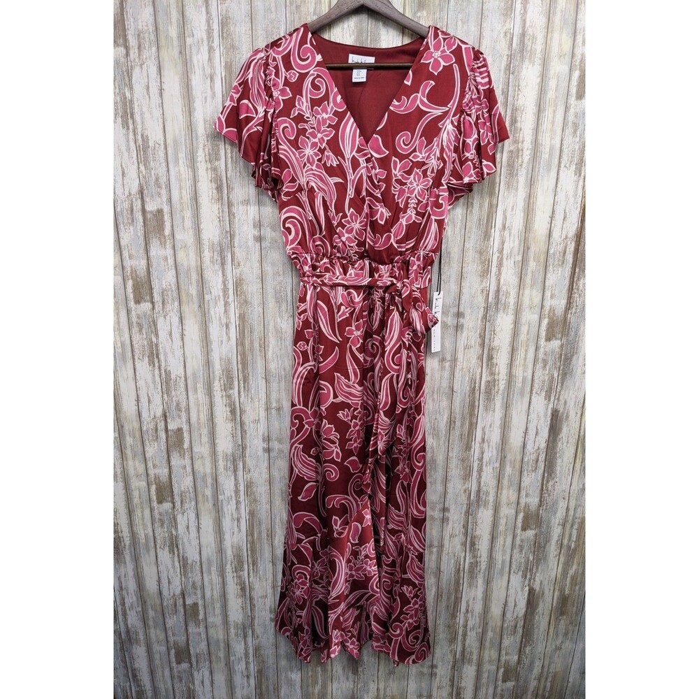 Nicole Miller Pink Floral Satin Ruffle Flutter Sleeve Wrap Maxi Dress Small NWT